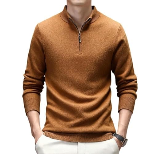 Image of JUWTEEI Men's Turtleneck Jumpers Men's 1 4 Zip Thickened Mock Neck Knitted Sweater For Middle-aged In Autumn & Winter-yellow-xl