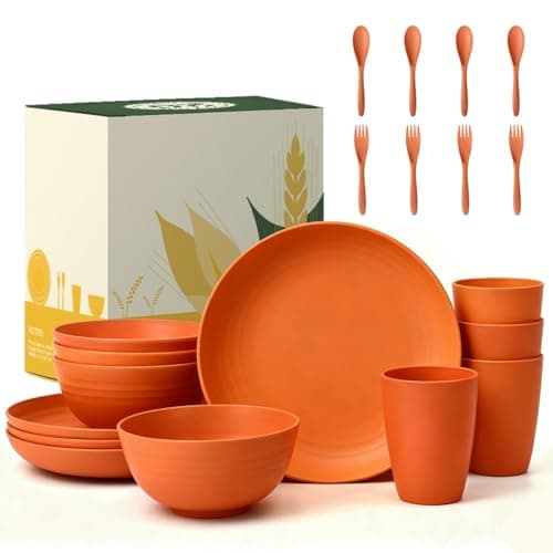 Image of Wrova Reusable Dinner Set 20 Piece Plate Sets for 4 - Unbreakable Plastic Plates and Bowls Set - Microwave and Dishwasher Safe Plate Set, Lightweight Cutlery Set for Picnic, Travel - Orange