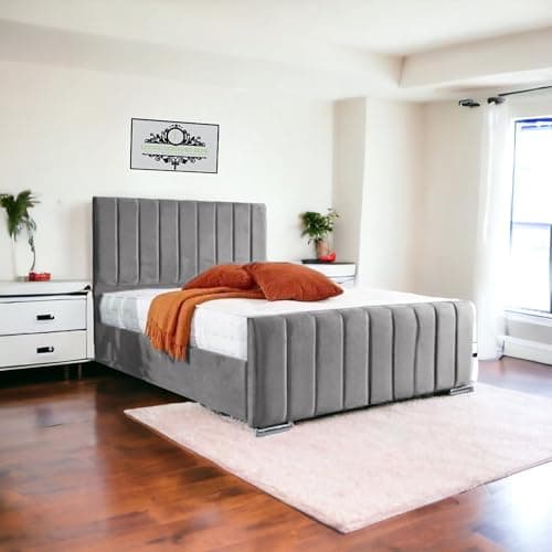 Image of Living Comfort Bedz | Upholstered Lined panel luxury bed | Plush Velvet Solid wooden slats-based bed | Non-ottoman Small double bed frame with Elegant headboard Design (Grey, Small Double No Gas Lift)