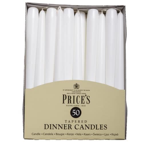 Image of Price's Candles Tapered Dinner Candles White Unscented Wax Pack of 50 | 7 Hour Burn Time Elegant Long Candles for Home Decor, Events, Celebrations & Dining