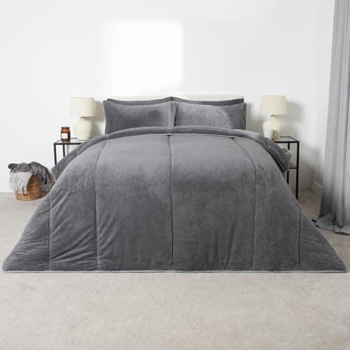 Image of OHS Teddy Fleece Charcoal Grey Coverless Duvet King Size 10.5 Tog, Coverless Duvet Set King Size with Pillowcases Winter Fluffy Bedding Quilt Covers