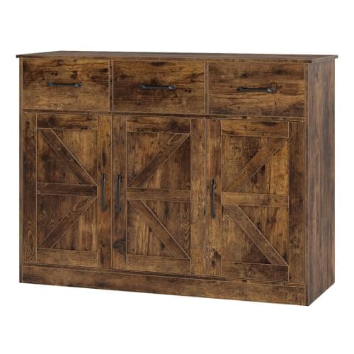 Image of COSTWAY Sideboard Storage Cabinet, Large Kitchen Cupboard with Adjustable Shelf, Drawers and Doors, Wooden Buffet Cabinet Unit for Dining Living Room (108 x 38 x 81cm with Barn Doors, Rustic Brown)