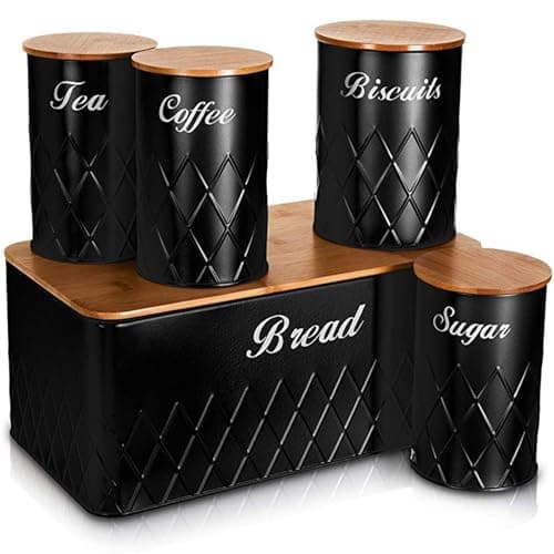 Image of NTEK 5pc Kitchen Storage Bamboo Lid Set Includes Tea, Coffee, Sugar, Bread and Biscuit Barrel Canister Jar & Stylish Bread Bin - Diamond Embossed Design Matt Finish (BLACK)