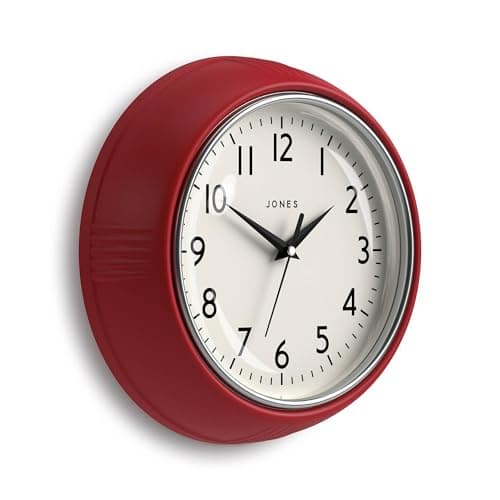Image of Jones Clocks® Ketchup wall clock | Round retro diner clock | 25cm | Red | Ideal for the kitchen, living room, office or bedroom | Easy to read numbers