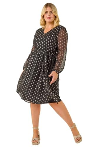 Image of Roman Curve Polka Dot Dress for Women UK - Ladies Everyday Autumn Winter High Neckline Comfy Soft Evening Vacation Work Party Night Out - Black Plus - Size 18
