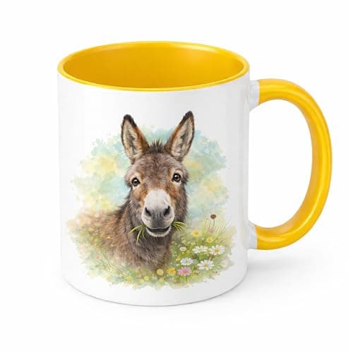 Image of Brew Crew Gifts Donkey Watercolour Mug, White Ceramic, 11 oz, Dishwasher Safe, Microwave Safe Farmyard Theme (Yellow)