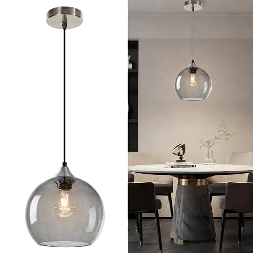 Image of Bravsekai Medium Light Gray Glass Pendant Light for Kitchen Island, Includes Extra Bulb & 1.5m Adjustable Cord, Modern Pendant Lighting Fixtures for Kitchen, Dining Room, Living Room(23cm, 1-Pack)