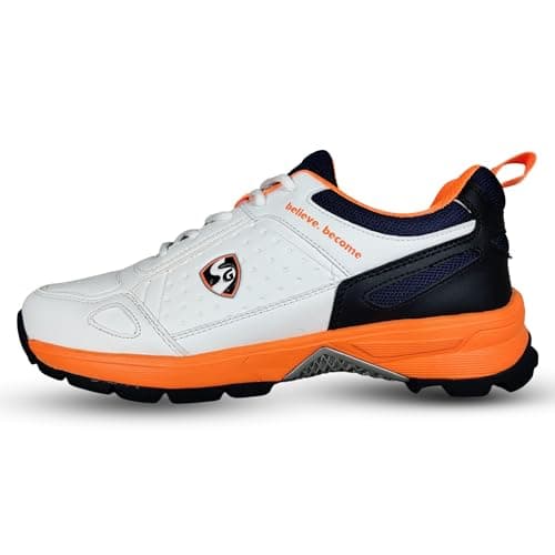 Image of SG Club 6.0 Rubber Spikes Cricket Shoes, White/Navy/Orange, 9 UK
