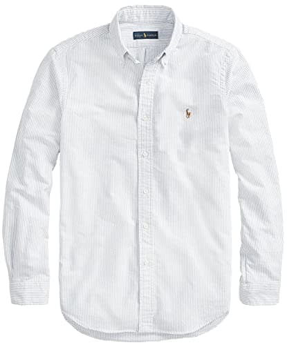 Image of POLO RALPH LAUREN Mens Classic Fit Plaid Oxford Long Sleeve Workshirt, The Basic Blue/White Stripe, XXL