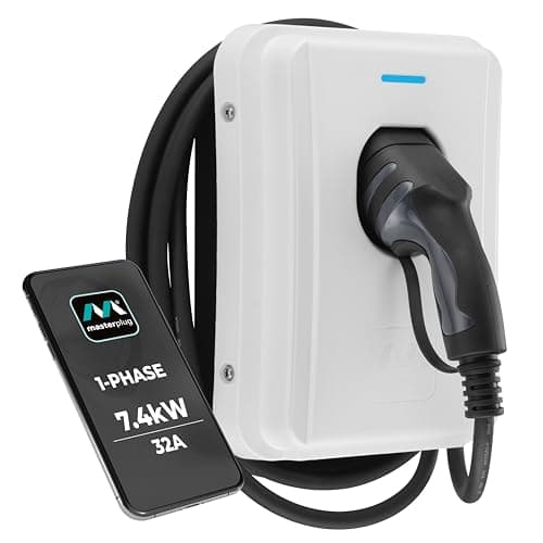 Image of Masterplug Smart EV Home Wall Charger for Type 2 Electric and Plug-In Hybrid Vehicles, Tethered with 5m Cable, Mode 3, App Control, Solar Charging, Single Phase, White, IP65, 7.4kW, 32A, EVCM3ST7W-MP