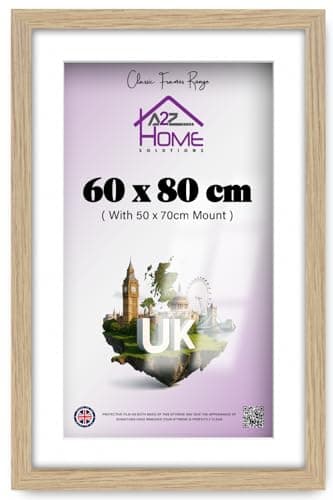 Image of A2Z Home Solutions® Poster Frame Oak 80x60 cm With Mount 50x70 cm Picture Photo Print HD Clear Aclyric Front Frame With Matting White Boarder Wall Mounting Hooks