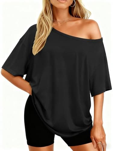 Image of LACOZY Womens Summer Short Sleeve Shirts Off Shoulder Boat Neck Casual Loose Tops Blouse 2026 Black M