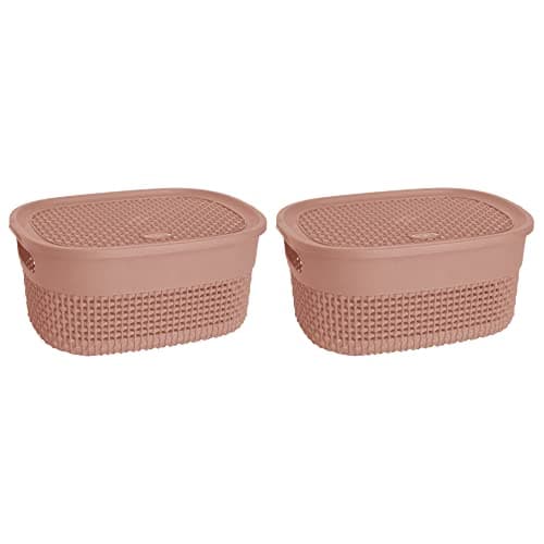 Image of (Set of 2) 4L Litre Multipurpose Plastic Storage Basket with Lid & Handles Stackable Canvas Storage box Handy Basket Storage Container for Kitchen Bathroom Kids Toys Nursery Shelves Cupboards (Pink)