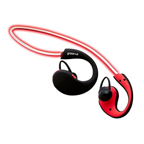 Image of Groov-e Action Bluetooth Wireless In-Earphones with LED Neckband, IPX6 Sweatproof, Secure Fit Earbuds, Hands-Free Calling - Ideal for Gym/Sports - Red