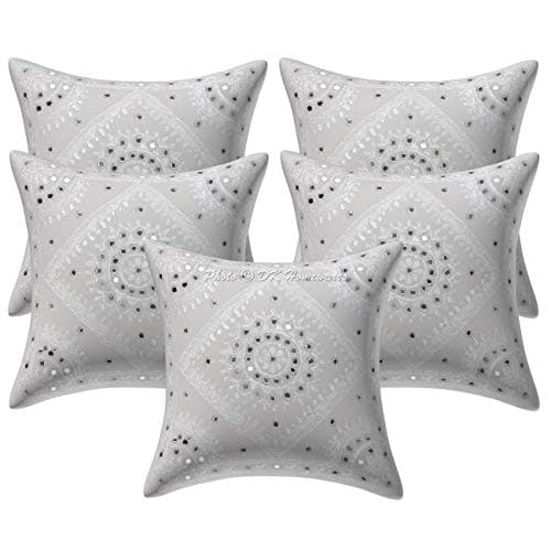 Image of DK Homewares Decorative Couch Scatter Pillowcases White 40cm x 40cm Mirror Embroidered Cotton Boho Square Bedroom 16x16 Inches Sofa Cushion Covers - Set of 5 Pcs