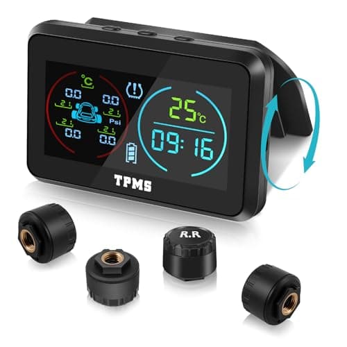 Image of KAOLALI TPMS Tyre Pressure Monitoring System with 4 External Sensors Solar Wireless Tyre Pressure Monitor with 6 Alarm Modes with Time and Temperature Display 0-5 Bar for Car SUV Trailer