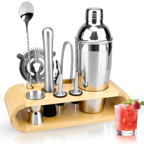 Image of TonJin 10 Piece Bartender Kit with Bamboo Stand, 750ml/25oz Cocktail Shaker Set for Mixed Drink, Professional Stainless Steel Bar Set with All Essential Accessory Tools,Gift for Man Dad Friend