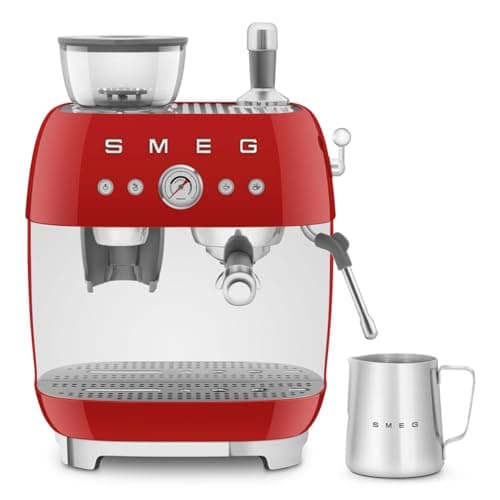 Image of Smeg EGF03RDUK Espresso Coffee Machine, 20 Bar Pump, 2.4L, 1650W with Grinder, Red