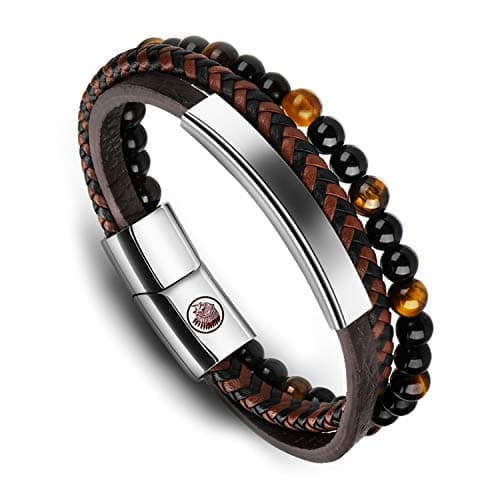 Image of Casisto.J Mens Leather Bracelet – Classic Handmade Braided Black & Brown Cuff Bracelet with Engraved Magnetic Clasp Free Jewelry Gift Boxed