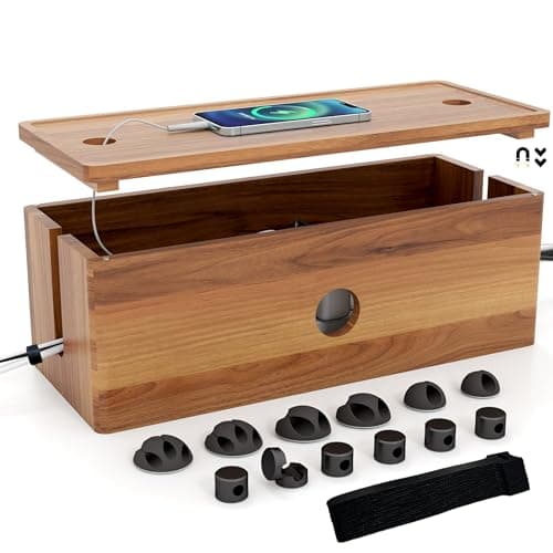 Image of NutroLab Large Cable Management Box, Acacia Wood Cord Organizer Box with Magnetic Removable Lid, 4 Open Slots Desk Organizer, Hides TV Cables, Computer Wires, USB Hub, Power Strip, and Phone Charger