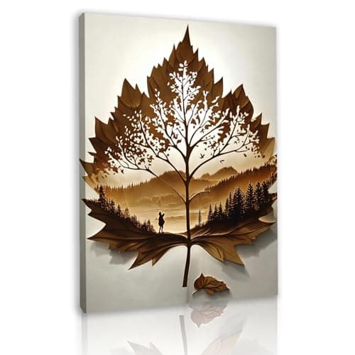 Image of Bonbeau Canvas Wall Art Abstract Leaf Landscape Painting, Modern Aesthetic Picture Autumn Maple Leaf Prints for Living Room Bedroom Bathroom Office Home Decor 30X40cm Framed