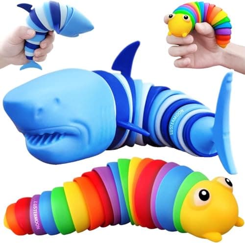 Image of 2 Pieces Articulated Fidget Toy, Rainbow Caterpillar Toy Ocean Shark Decompression Toys, Stim Toy Decompression Fun Autism ADHD Fidgeting Children's Toys Adults (Shark and Caterpillar)