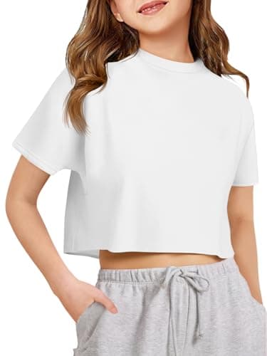 Image of Haloumoning Girls T-Shirts Crop Top Kids Oversized Short Sleeve Crew Neck Plain Shirts Summer Sports Tees, White, 8-10 Years