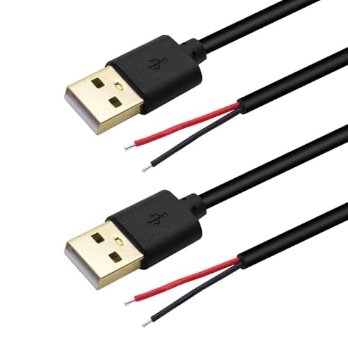 Image of Xilaghy USB 2 Wire Pigtail Cable 2M/6.5FT,5V 5A Gold-Plated USB 2.0 A Male Plug to 2 Pin Bare Wire Open End Power Repair Cable for LED Strips,Desk Lamp,Black(2Pack)