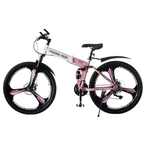Image of BSTSEL 24 26 27.5Inch Adult Folding Mountain Bike, Dual Suspension Mens Mountain Bikes with 3-Spoke Wheel, 21 Speed for Adults Mens and Womens Foldable Mountain Bicycle (24 inch Pink)