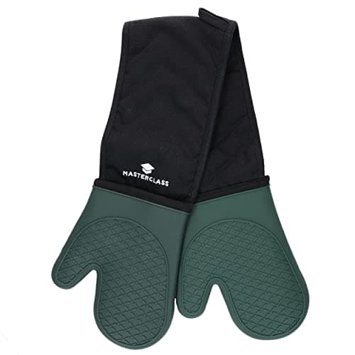 Image of MasterClass Silicone Oven Gloves, Heat Resistant Mitts with Cotton Padding, Double Sided Non-Slip Gloves for Cooking and Baking, BPA-Free, Black/Hunter Green