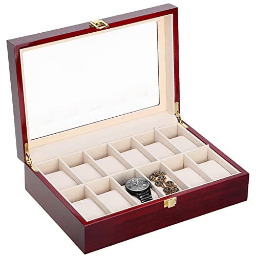 Image of Uten Watch Box 12 Slots, Solid Wood Watch Case, Watch Display Storage Box with Glass Lid, Removable Watch Pillows, Metal Clasp, Claimond Veins Lining, Gift Idea for Men and Women