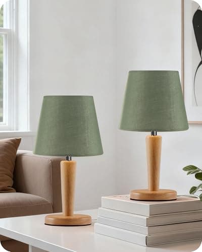Image of GOEBLESON Small Bedside Lamps Set of 2, Wood Bedside Table Lamp with Bean Green Linen Shade, 3 Color Temps, E27 LED Bulb Included, Cute Little Desk Lamp for Bedroom, Living Room ZMJ13TLKP205