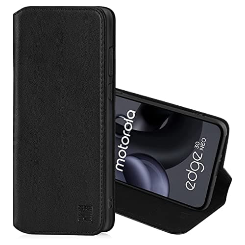 Image of 32nd Classic Series 2.0 - Real Leather Book Wallet Flip Case Cover For Motorola Moto Edge 30 Neo, Real Leather Design With Card Slot, Magnetic Closure and Built In Stand - Black