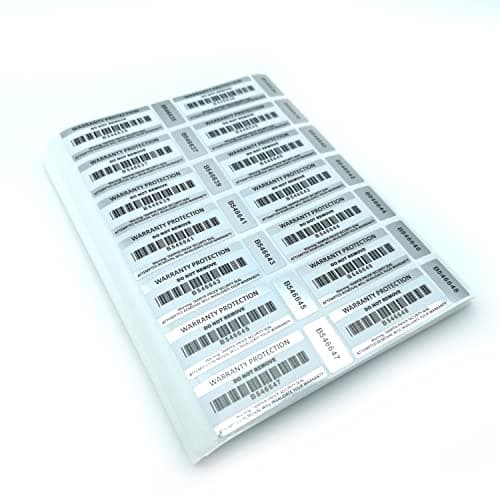 Image of Tamper Proof Barcode Stickers in 7 Pack Sizes (50-2500pcs) Two Part Labels with Unique Serial Numbers (100)