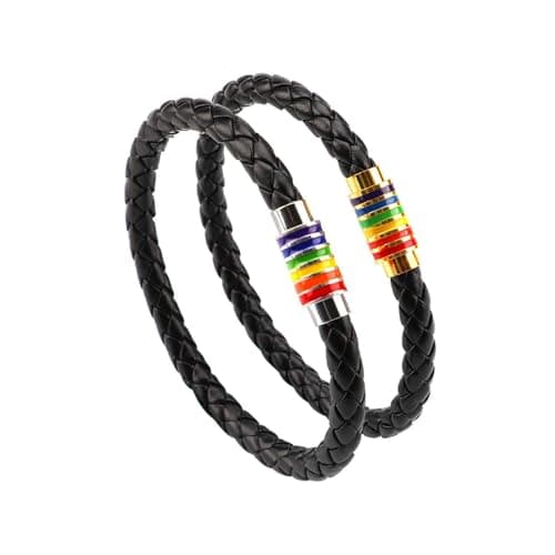 Image of PHOGARY Gay Pride Bracelet LGBT Rainbow Style (2 Packs), Couple Black Leather Bracelet Men’s Women’s Bangle with Rainbow Striped Stainless steel Magnetic Clasp 22cm