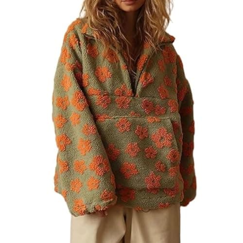 Image of yssgtt Womens Half Zip Fleece Sweatshirt Cute Floral Long Sleeve Casual Pullover with Pocket Green
