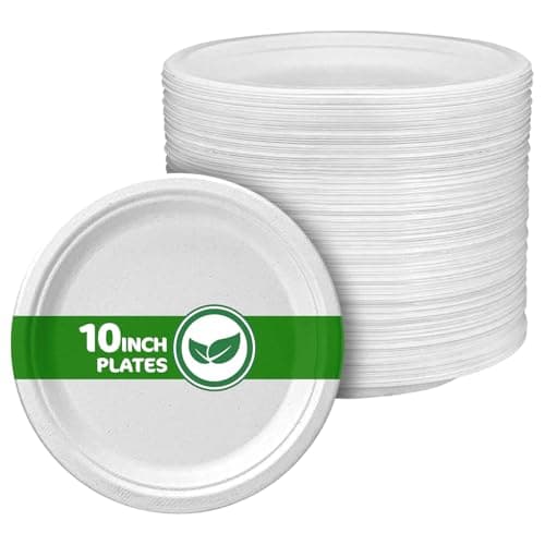 Image of Disposable Paper Plate 10 Inch Heavy Duty Strong Bagasse Compostable Eco-Friendly Natural Sugarcane Fibers Round Plates for Hot & Cold Food Catering BirthdayDinner Party Office Picnic BBQs 50 Plates