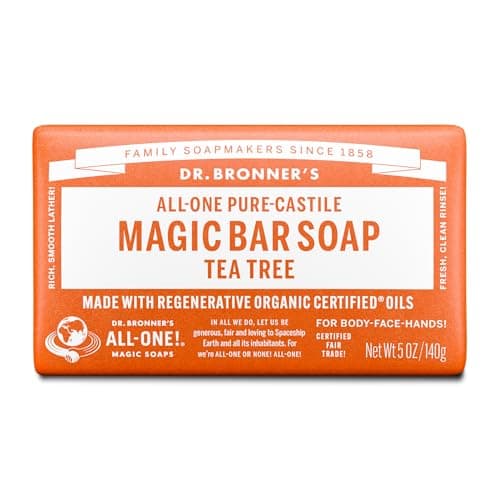 Image of Dr Bronner's 3-in-1 Tea Tree Pure Castile Bar Soap, Made with Organic Oils, Used for Face, Body and Hair, Certified Fair Trade & Vegan Friendly, 140g Bar