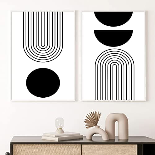 Image of Ecyanlv Black and White Geometric Abstract Wall Art Black and White Boho Canvas Painting Minimalist Line Art Prints Mid Century Modern Geometric Wall Art for Home Decor 16x24inch Frameless