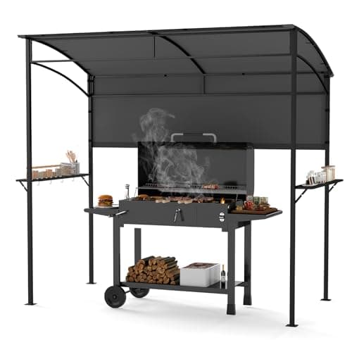 Image of COSTWAY Grill Gazebo, Outdoor BBQ Shelter with Serving Shelf and Storage Hooks, Metal Frame Barbecue Canopy Sunshade Awning for Garden Patio Party (Grey, 239 x 108cm, with Extra Shadow)
