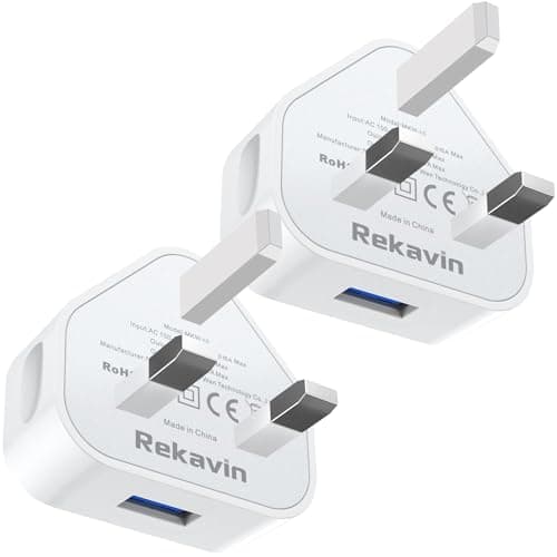 Image of USB Plug,2Pack USB Plug UK Adaptor Phone Charger Mains Charge Dual Port Twin Wall Plugs with Smart IC 5V 1AMP Charging Compatible with iPhone 16 15 14 13 12 11 XS XR X 8 7 6,iPad Pro,Samsung,Mobile