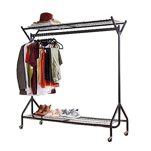 Image of House of Home Clothes Rail Heavy Duty with Wheels Metal Wardrobe Rails For Hanging Clothing & Double Rack Shelves Storage & Organiser for Shirts, Coats, Hat & Shoes 4ft x 5ft Portable Black