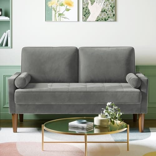 Image of Vesgantti Small 2 Seater Sofa Grey, Comfortable Sofa with Spring Cushion, Velvet Sofa with Wooden Legs, Modern Love Sofa, 2 Seater for Living Room, Small Sofa for Bedroom, Grey Office Sofa