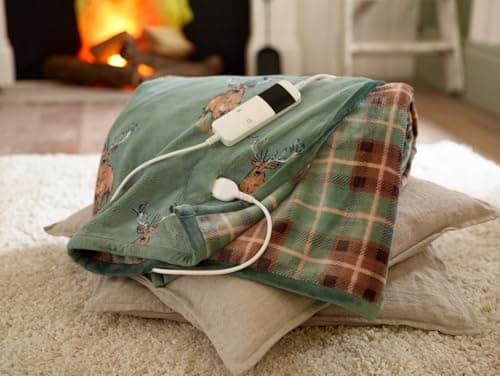 Image of Deyongs Highland Fell Heated Throw 140x180cm | Stag Print Electric Blanket | Luxury 500gsm Printed Coco Fleece & 300gsm Reverse | Machine Washable Heated Throw | British Design