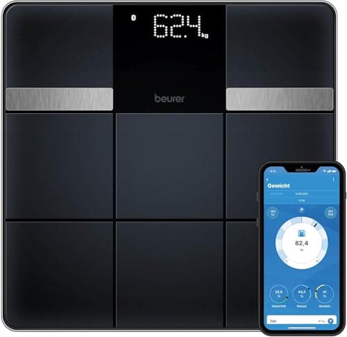 Image of Beurer BF 450 Bathroom scale with app connection via Bluetooth, digital body fat scales with 17 measurements including body fat, muscle mass, BMI, 8 user memories, data transfer to Apple Health & co.
