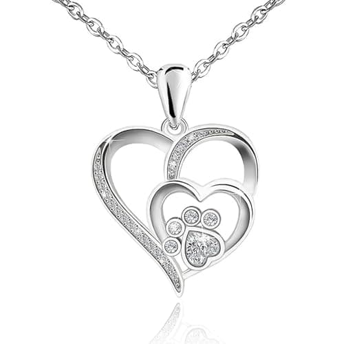 Image of QttvbTna Silver Paw Heart Necklace, Love Heart Pendant Necklaces for Women, Cubic Zirconia Dog Cat Pet Paw, Exquisite Adjustable Necklace, Jewellery Gifts for Women Girls Lady