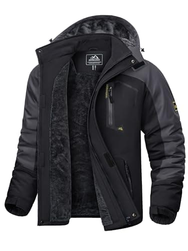 Image of KEFITEVD Winter Fleece Rain Jackets for Men Thermal Jackets for Ski Climbing Multi Pockets Coats with Hood Black and Grey, 2XL