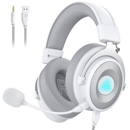 Image of EKSA E900Pro Gaming Headset for PC PS5 PS4, Wired Headphones with Detachable Noise Cancelling Mic, 7.1 Surround Sound, USB&3.5mm Cable, LED Light, Over-Ear USB Gaming Headphones for Xbox One (White)