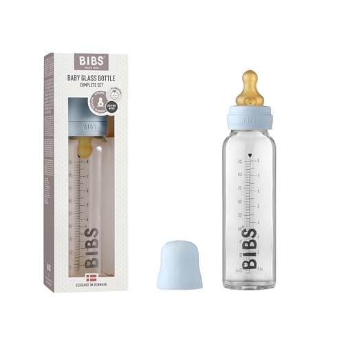 Image of BIBS Baby Glass Bottle. Anti-Colic. Round Natural Rubber Latex Nipple. Supports Natural Breastfeeding, 225 ml, Baby Blue
