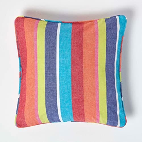 Image of HOMESCAPES - 100% Cotton - Multi Stripes Cushion Cover - 45 x 45 cm Square - 18 x 18 Inches - Orange Yellow Blue - 100% Cotton Sofa Pillow Cushion Cover - Washable